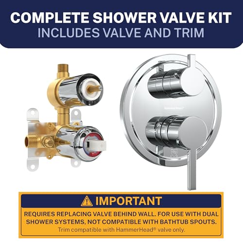HammerHead Showers Solid Metal Shower Valve and Trim Kit, Two-Handle Volume and Temperature Control with Integrated Diverter, Pressure Balance Rough-In Valve Included, Chrome by HammerHead Showers - Used condition - US$137.95