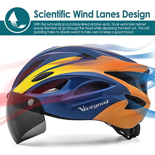 Victgoal Adults Bike Helmet for Men Women Detachable Magnetic Goggle Visor Bicycle Helmet with LED Rear Light Cycling Road Mountain Cycle Helmet (Blue Orange) - Image 4