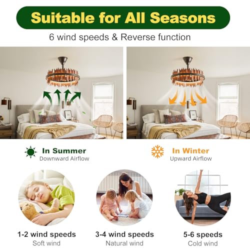 Image of 19.7 inch Rustic Caged Ceiling Fan with Light, Farmhouse Wood Fandelier Ceiling Fan, 6 Speed and Reversible, Dimmable LED Chandelier Fan with Charred Leaves for Bedroom, Kitchen, Living Room