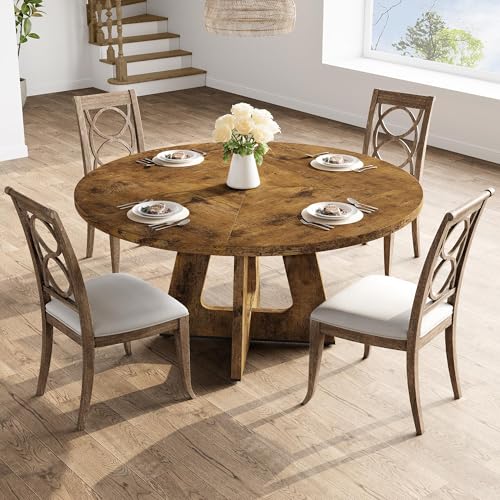 GarveeHome 47-Inch Round Large Dining Table Set for 4 to 6, Farmhouse Dinner Table with Wooden Top and Legs for Home Dining Room or Living Room - Rustic Brown(No Chairs)