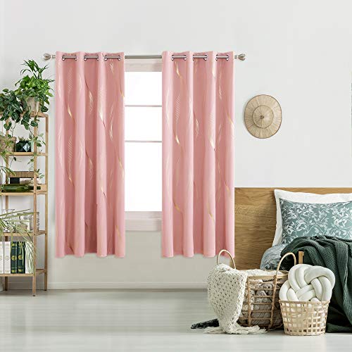 Deconovo Blackout Eyelet Curtains Thermal Insulated Gold Wave Line Foil Printed Curtains for Bedroom 46x72 Inch Coral Pink 2 Panels - Image 2