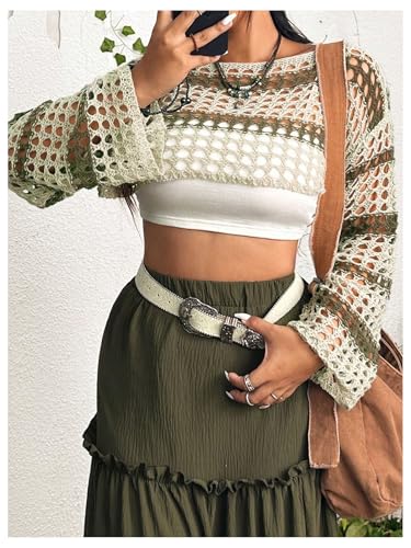 Women's Plus Size Striped Crochet Sweater Bell Sleeve Knit Cropped Pullover Tops3