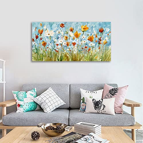 Image of Large Flowers Wall Art White Daisy Canvas Pictures Orange Yellow Floral Wall Decor Prints Blue Board Abstract Grass Painting for Living Room Bedroom Kitchen Home Office Decor Ready to Hang 30 inchx 60 inch