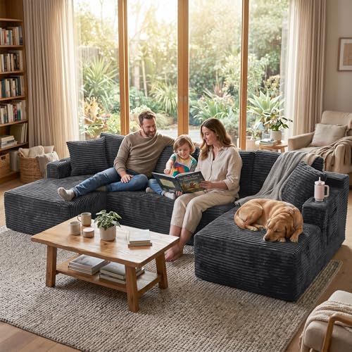 Image of Boneless Couch, 127 inch Sofas for Living Room, U Shaped Couch with Chaise | Sectional Sofa, Cloud Couch Sectional with Cup Holders and Storage, Cloud Sofa with Deep Seat, Grey, Corduroy, No Assembly