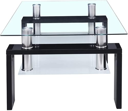 Miniatura 3 de Mesa de centro rectangular de cristal, moderna mesa de centro lateral con estante inferior, patas de madera para muebles de sala de estar (negro)
