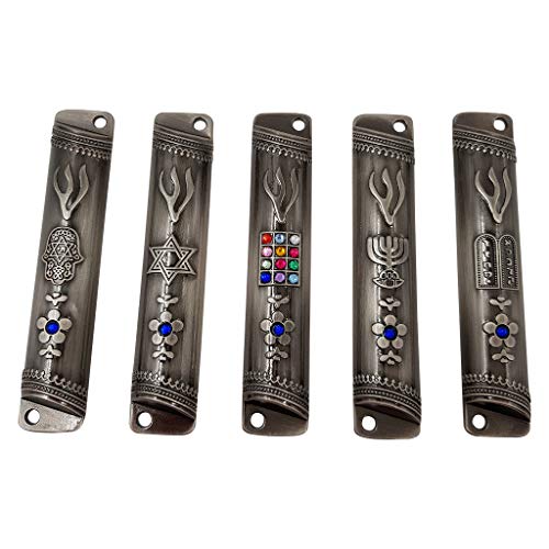 Set mit 5 jüdischen Mesusah Koffer mit Hoshen 12 Stämmen von Israel Star of David Menora Hamsa 10 Gebote Tür Mezuza mit Schriftrolle 8,9 cm Cover
