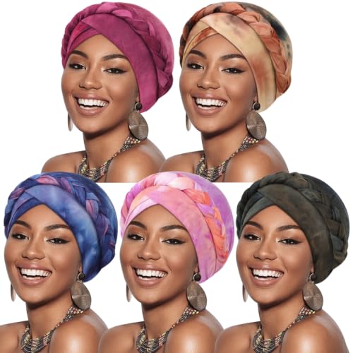 Image of DRESHOW African Women Turban Caps Beanie Twist Headscarf Pre-Tied Twisted Braid Headwraps for Women Chemo Cancer Cap