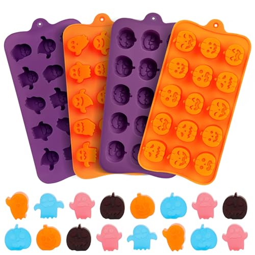 Image of 4 Pcs Halloween Silicone Molds, Halloween Pumpkin Molds, Ghost Chocolate Mold for DIY Cake, Chocolate, Candy, Jelly, Wax Melt, Ice Cubes