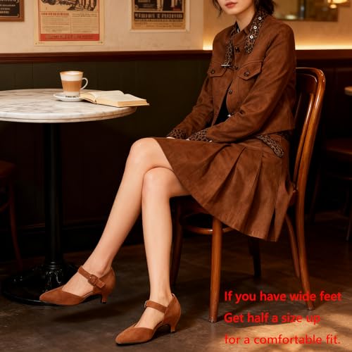 Image of RIBONGZ Comfortable Kitten Heels for Women Pointed Closed Toe Ankle Strap Buckle Heels Slip on Low Heel Church Pumps Wedding Bridal Party Dressy Shoes