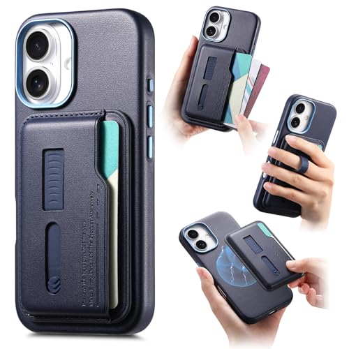 iPhone 17 Pro Max/17 Pro/17 Air/17用ケース、取り外し可能なウォレットカードホルダーレザーソフトTPU耐衝撃保護バンパースリムPCバックカバー、フィンガーリストバンド付き(ブルー、17 Pro)