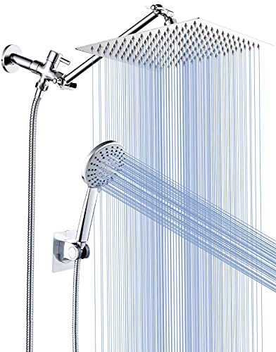 Cobbe 8'' Shower Head Combo High Pressure Rainfall Handheld 5 Settings With 11'' Extension Arm 71" Hose, Stainless Steel Bath Showerheads, Height/Angle Adjustable With Holder Pipe Sealant Tape, Chrome #TOP16