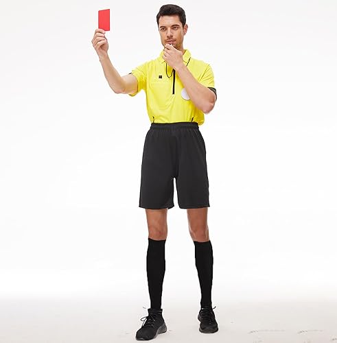 Miniatura 6 de VKT Kit de árbitro de fútbol, camiseta de árbitro de fútbol, pantalones cortos, calcetines de referencia, silbato, tarjeta roja y amarilla para