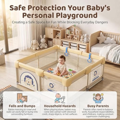 Image of StarAndDaisy Play Pen for Baby for 0-5 Years 150 x 180 cm Baby Play Area Indoor Setup with Safety Lock & Anti-Fall Grasp System | Breathable Play Pen for Kids Indoor - Yellow