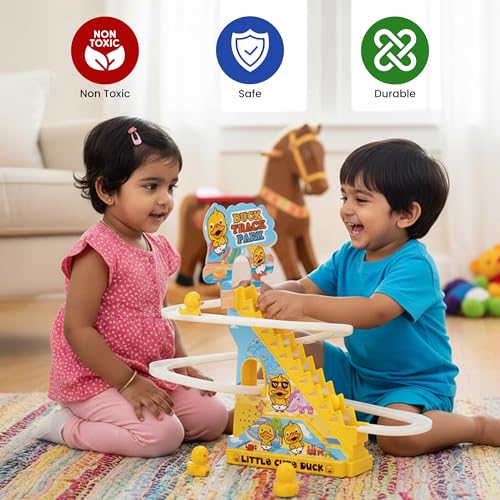 Image of Kidology Electric Stair Climbing Track Toy for Kids 2+ Years, Duck Roller Coaster Toys with Flashing Lights and Music for Toddlers Boys and Girls (3 Duck Slide)