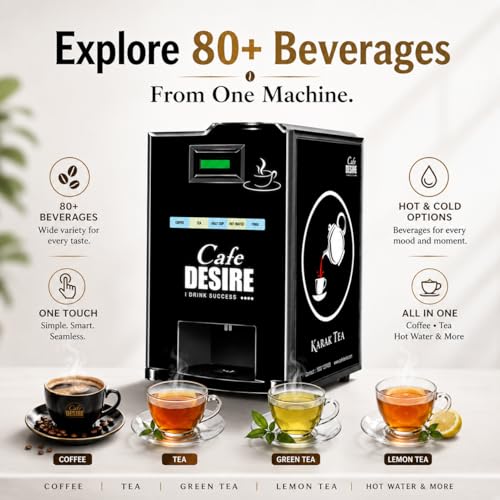 Image of Cafe Desire 4-Lane LED Tea And Coffee Vending Machine For Office Use, Fully Automatic With 4 Beverage Options And Auto Cleaning - VM30