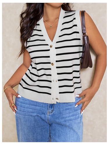 Verdusa Women's Plus Size Old Money Vest Tops 2025 Striped Sleeveless Button Up Sweater Vests3