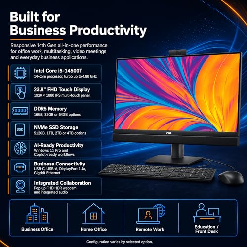 Image of MegaPC Customized Dell Pro 24 All-in-One QC24251, 23.8 inch FHD Touchscreen Desktop Computer, Intel Core i5-14500T, 16GB /32GB /64GB DDR5, 512GB /1TB /2TB /4TB NVMe SSD, Windows 11 Pro