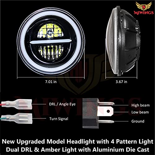 Image of Miwings Round LED Minus Style Hi /Low Beam Headlight 75W H4 Compatible with Royal Enfield, Jeep, Thar, motorcycle, Cars, Harley Davidson (Amber & White, 7 inch)