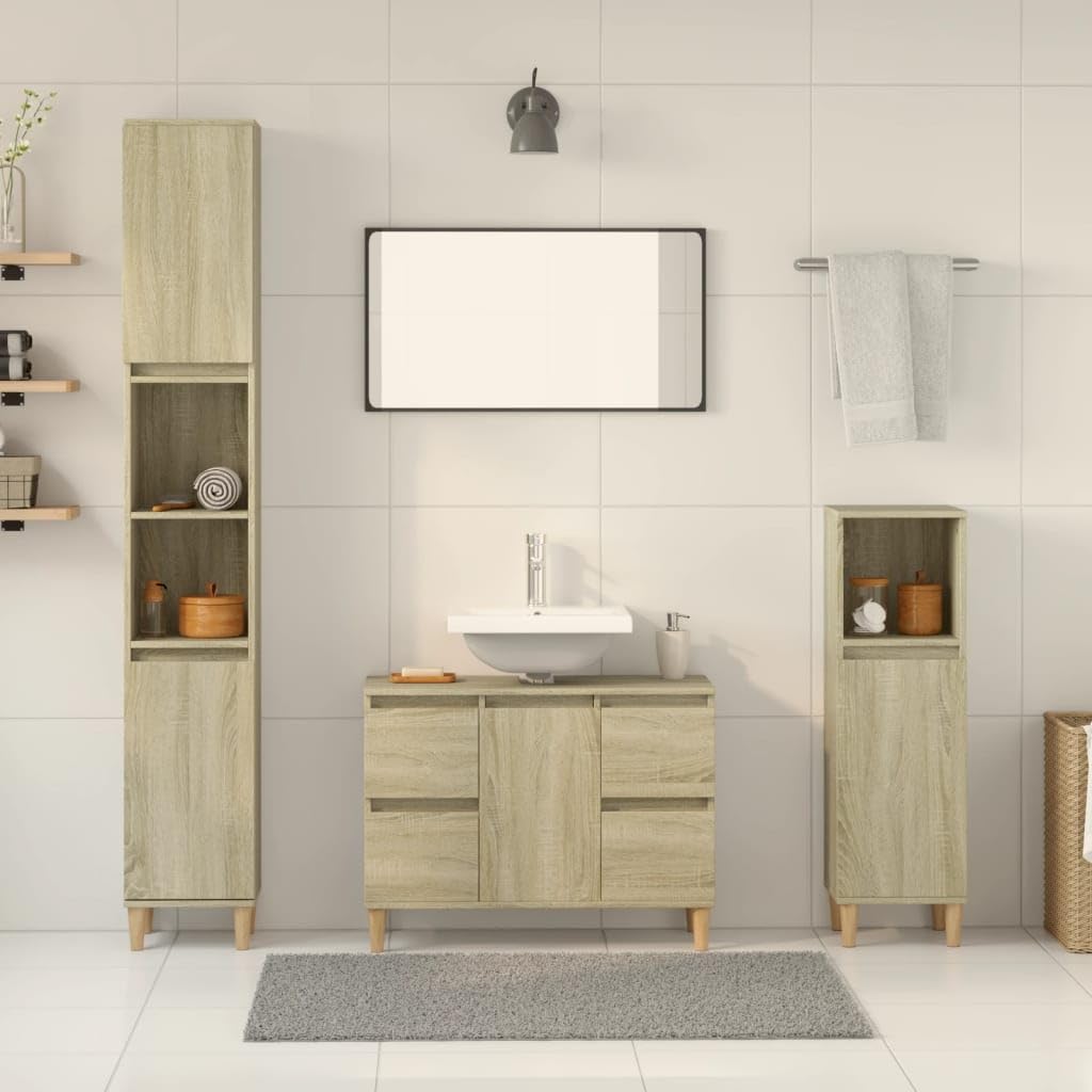 3-częściowy zestaw mebli łazienkowych z dębu sonoma z materiału drewnopochodnego, szafka pod umywalkę, wysoka szafka wisząca, miejsce do przechowywania, meble łazienkowe, stojące i wiszące, do
