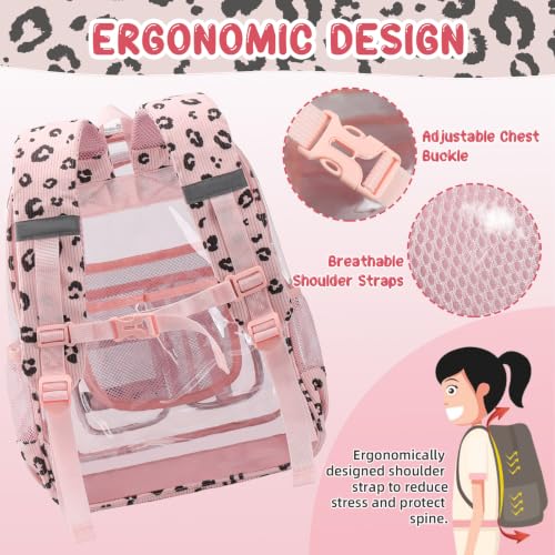 Image of Three-layer Clear Backpack, Heavy Duty Clear Bookbag for Kids, See Through Backpack Transparent Bag for Girls Boys (Pink Leopard)