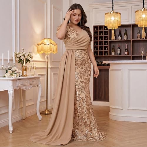 Image of Elegant Women's Formal Dress Wedding Guest Puff Sleeve Mermaid Ball Gowns Court Train Plus Size Sequin Long Dresses