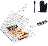 Grill Basket Fish Grill Accessories, Stainless Steel Large Folding Grilling baskets With Handle, Portable Outdoor Camping BBQ Rack for Barbecue Vegetables, Barbeque Griller Cooking Tools Gifts For Man