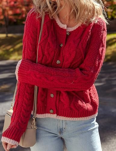 Image of Watashi Long Sleeve Sweater for Women Casual Button Up Colorblock Cable Knit Round Neck Fall Winter Cardigans Coats (US, Alpha, X-Small, Regular, Regular, Red)