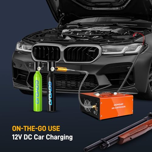 GOYOJO PCP Air Compressor | Max 4500 PSI | Dual Power Car 12V DC or Home 110V AC | Fast Fill for Air Rifle, Paintball, Scuba Tanks | Auto Shut-Off | Built-in Cooling Fan | 300W Oil-Free PCP Pump