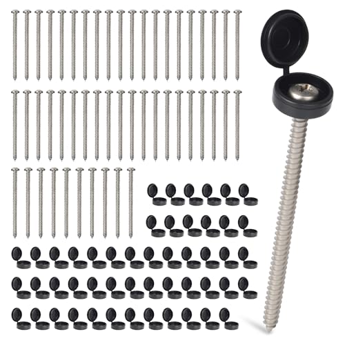Funria 50 Set 3inch Shutter Screws and Caps, 10 Wood Screws with Caps Shutter Fasteners High Hardness Pan Head Phillips Screws for Outside Inside Wooden Windows Railings Bookcase Furniture, Black