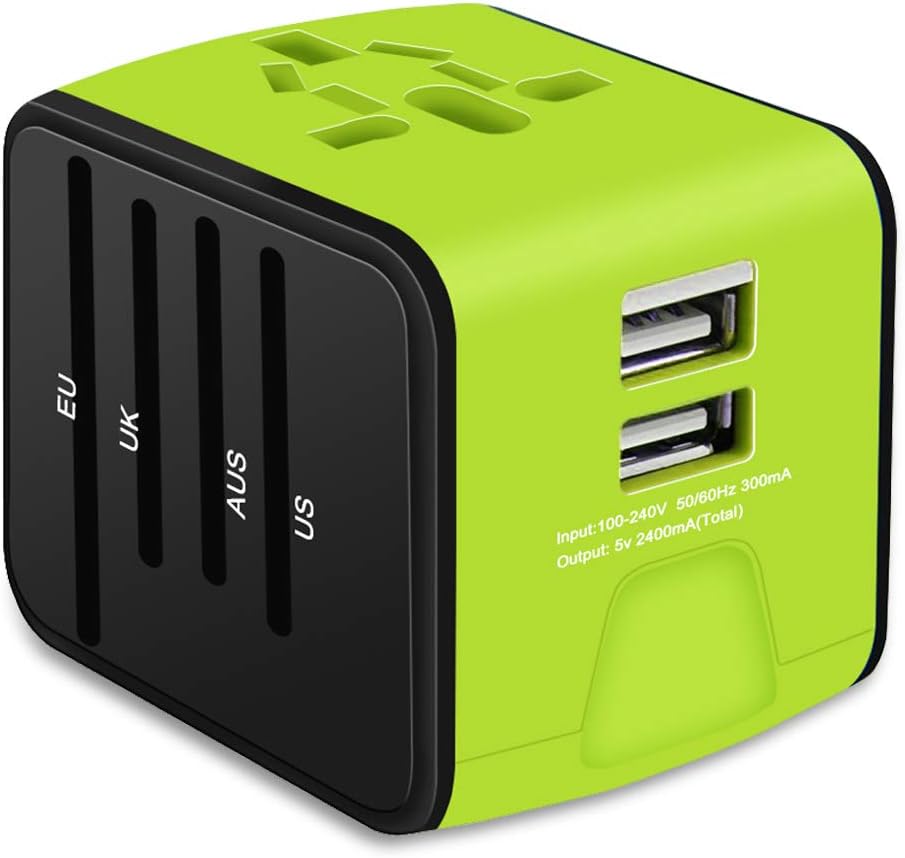 Universal Travel Adapter, VOGTEL All-in-one International Power Adapter 2.4A Dual USB, European Adapter Travel Power Adapter Wall Charger UK, EU, AU, Asia Covers 150+Countries (Green)