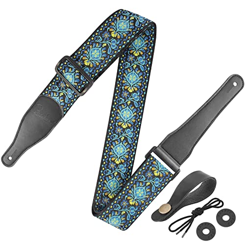 Guitar Strap, Jacquard Embroidered Cotton Straps With Genuine Leather Ends Shoulder Strap For Bass, Acoustic, Electric Guitar (Retro Teal) #TOP9