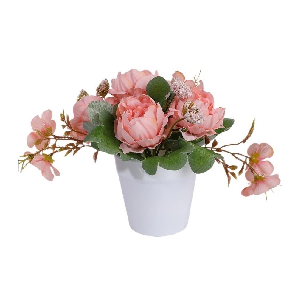 Huffa Beanpastepowder Simulated Peony Flower Arrangement - Realistic Plastic Potted Decor For Home And Dining Table, Indoor & Outdoor Use(Beanpastepowder)