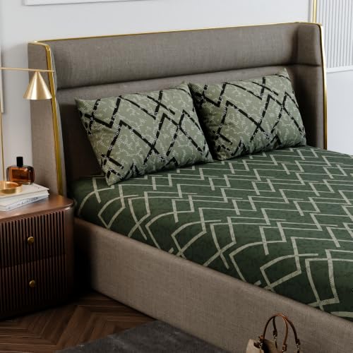 Image of Stoa Paris 100% Cotton King Size Fitted Bedsheet with 2 Pillow Covers, 180TC Printed Bedding Set, All-Season Comfort, Soft & Lightweight, Home Decor, Urbanscape - Olive Mesh (182cm x 198cm + 30cm)