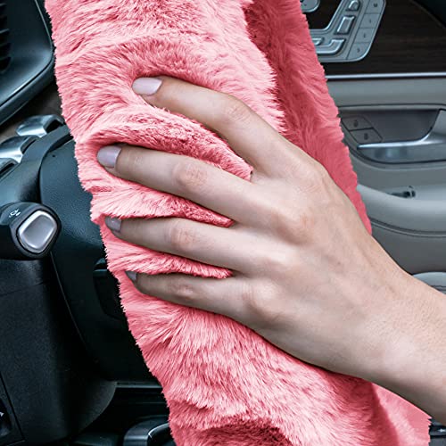 Image of FH Group Doe16 Faux Rabbit Fur Cozy Steering Wheel Cover Ultimate Protection Universal Fit for Most Cars, Trucks, SUVs, and Vans Pink