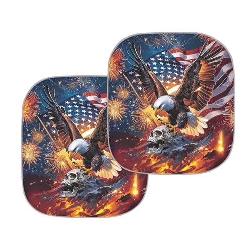 Image of 2 PCS Car Windshield Sun Shade Foldable Skull Eagle 250th Anniversary Automotive Front Window Sunshade Blocks UV Rays and Keeps Vehicle Cool Universal Fit Most Cars SUV Truck Van