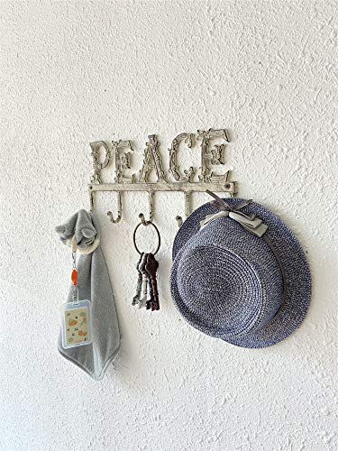 TMB UNIQ Wall Mounted Coat Rack â€“ 17 Inch Vintage Coat Rack â€“ Metal Cast Iron Entryway Coat Rack â€“ Rustic Peace Word Design â€“ Shabby Chic Finish â€“ Ideal for Hats, Purse, Keys