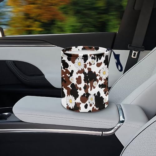 Image of Brown Cow Patterns and Daisies Print Collapsible Waste Basket Bin Multipurpose Trash Bin for Car Hanging Portable Dustbin Bin Accessories Garbage Bin Universal