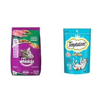 Whiskas Adult (+1 Year) Dry Cat Food Food, Tuna Flavour, 7kg Pack & Cat Treat, Tempting Tuna Flavour - 85 g