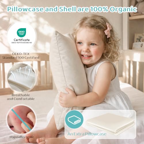 Image of Adjustable Kids Pillow for Ages 2-4 with Organic Cotton Pillowcase | 13x18 Youth Pillow, CPSC and OEKO-TEX Certified, Hypoallergenic, Machine Washable, Bedroom, Preschool Nap, Travel