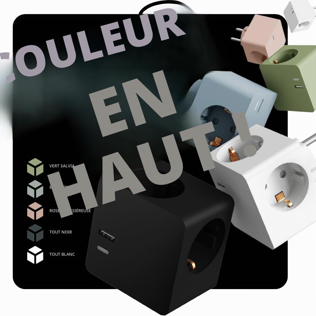 COLOR UP - Prise Multiple sans câble - multiprise électrique 5 en 1 | multiprise Cube USB A/C + 3X Schuko - Bloc multiprise avec Protection Contre Les surtensions et sécurité pour Les Enfants