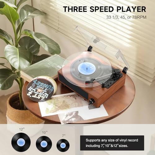 Image of Vintage Record Player with Built-in Stereo Speakers Turntable Vinyls Records LP Phonograph Belt Drive 3 Speed 3 Size Support Wireless Input RCA Output Auto Stop Retro Wooden Walnut Red