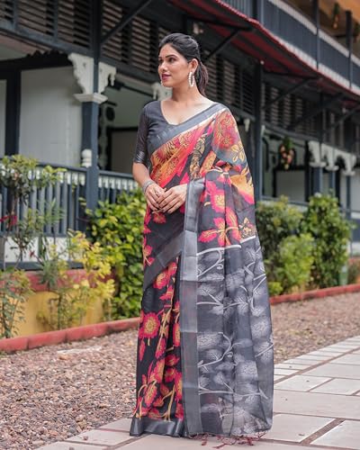 Image of Kaugalian store Linen Cotton Floral Printed Saree for Women with Unstitched Blouse Piece | 5.5 M Saree & 0.8 M Blouse