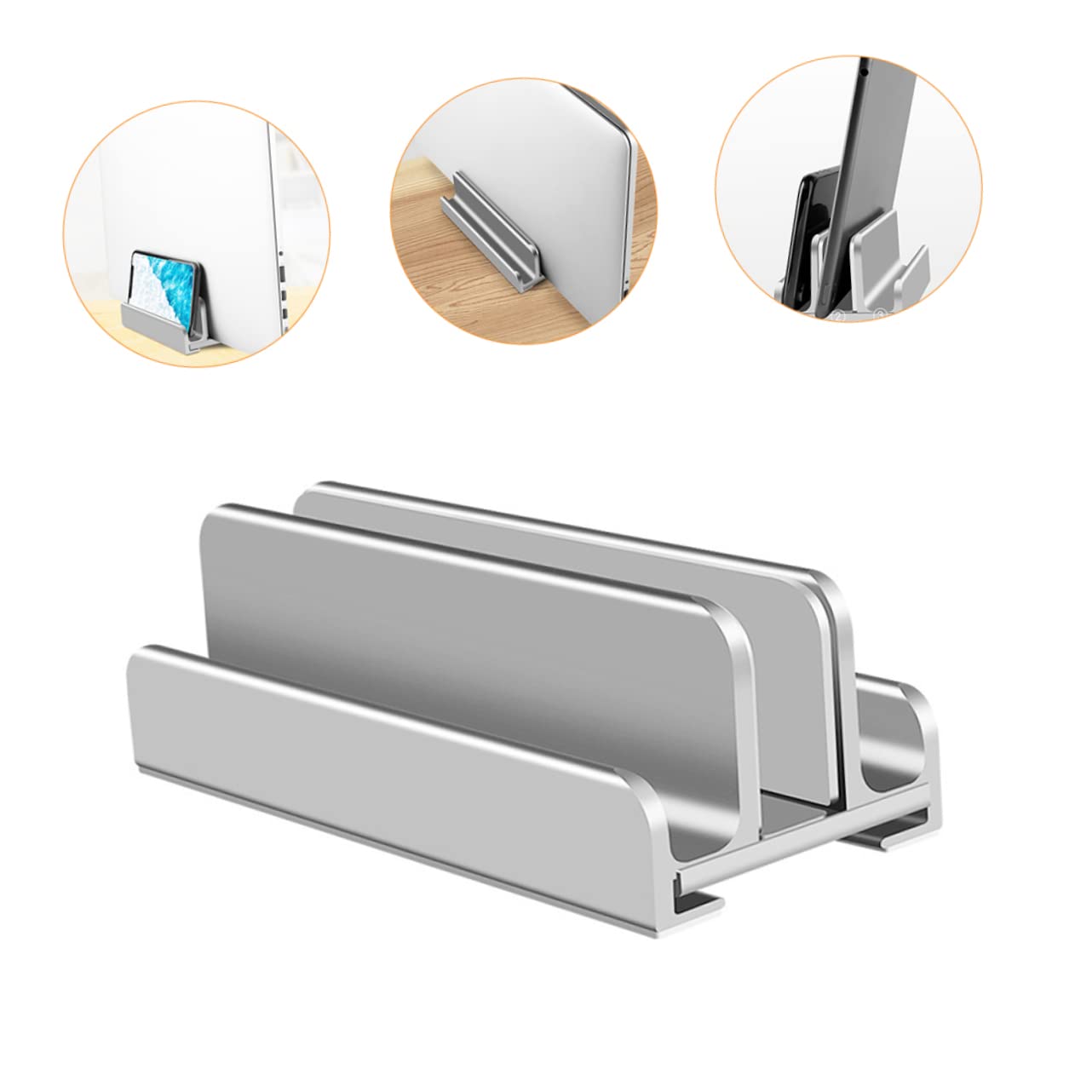 Supporto Verticale per Laptop a 3 Slot Regolabile in Alluminio Argento | Base Antiscivolo in Silicone, Apertura 13-38mm, Design da Scrivania per Telefono e Tablet