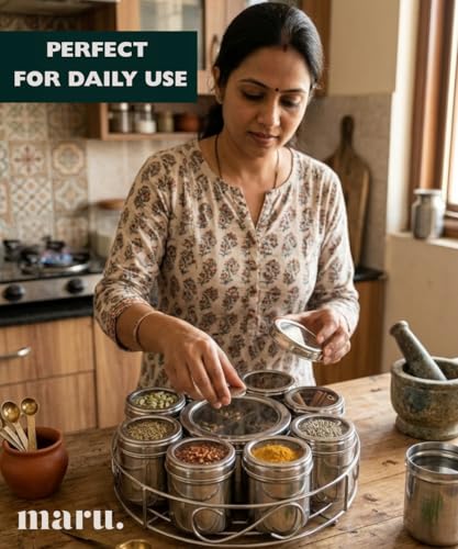 Image of MARU 12IN1 Steel Masala Box /Dani with Wirestand, 8 Small Containers & 1 Big Middle with Partition, Airtight Push & See-Through Lid, Multipurpose Spice, Dry Fruit & Herb Storage Organizer for Kitchen