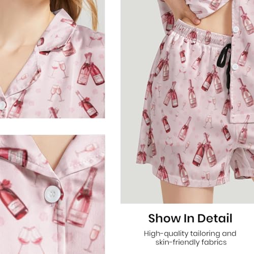 Image of Funny Satin Pajamas Set for Women Button Down Sleepwear Print Pjs Set 2 Piece Short Sleeve Loungewear Gift for Women