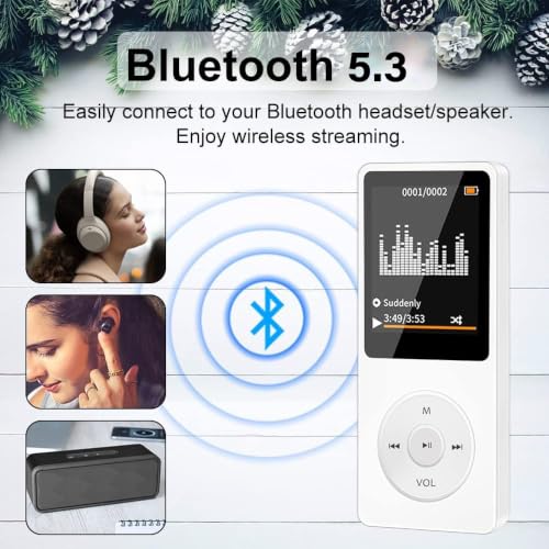 Image of Cason 16GB Mini MP3 Music Player with Bluetooth & Voice Control Earphones, Video Playback,Pocket-Sized MP3 Player for Music,Voice Recording,FM Radio -Expanded Up to 128GB (White)