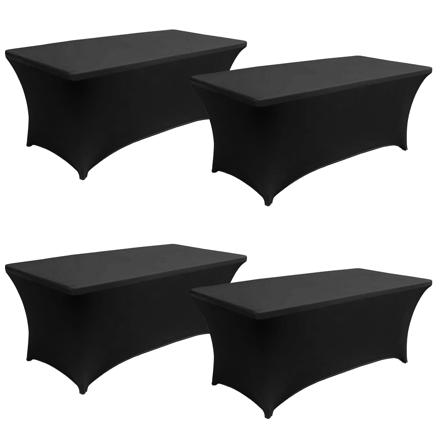 8FT Spandex Table Cover Table Cloth for Folding Tables Fitted Rectangular Tablecover Washable Wrinkle Resistant Polyester Stretch Black Tablecloth Protector for Wedding Banquet Party (4 Pack, Black)
