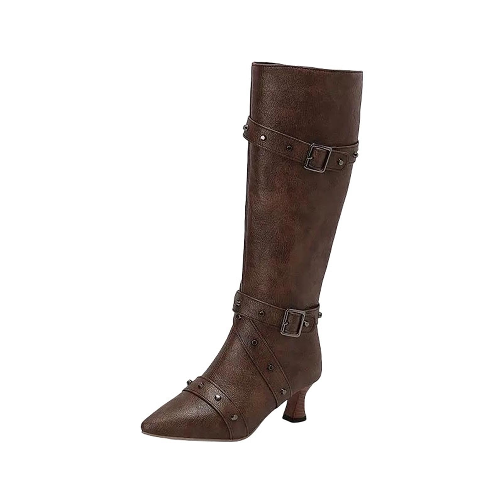 Womens Retro Knee High Boots Pointed Toe Unique Style Heel Zipper With Rivets And Metal Decoration Statement Shoes