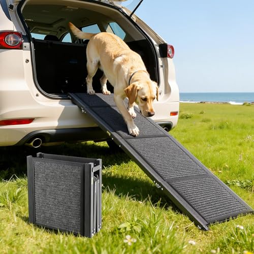 VEVOR Rampe pour Chien 160 x 43,2 cm Rampe Accès Voiture Pliable pour Chiens Moyens et Grands 113 kg Surface Antidérapante en Feutre pour Animaux de Compagnie Extérieur, Compatible avec SUV Camions