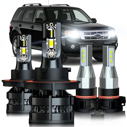 HOEDUI Upgraded Light Bulbs Fit for Ford Escape 2008-2012 Hi/Lo Beam & Fog Lights Bulbs Combo 6500K Cool White Plug and Play Pack of 4